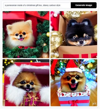 a pomeranian inside of a christmas gift box, disney cartoon style