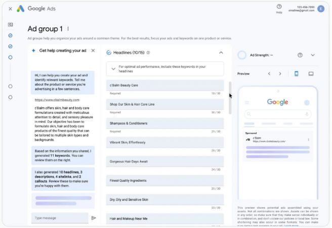Segundo paso para utilizar la nueva herramienta conversacional de Google Ads: el chat ofrece diferentes propuestas 