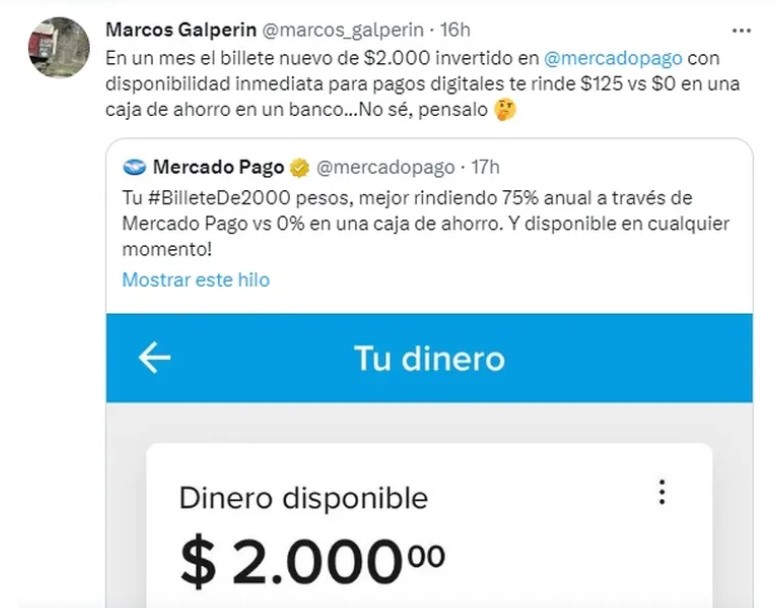El dueño de Mercado Libre, Marcos Galperin, recomendó a sus usuarios invertir el nuevo billete de $2.000 en el Fondo Común de Inversión de Mercado Pago