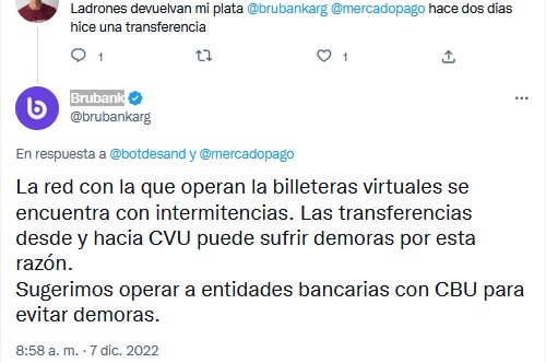Respuesta de Brubank a la queja del usuario