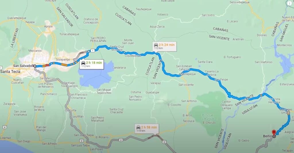 el mapa muestra la distancia entre berlín y san salvador