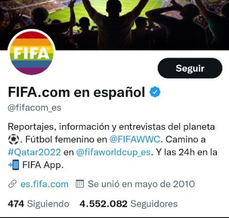 Captura de pantalla del perfil de la FIFA en junio de 2022, donde se ve el icono de perfil con los colores del arcoíris