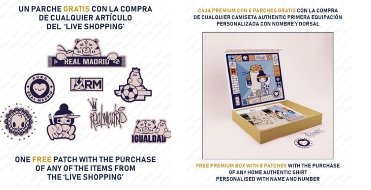 Imágenes que muestran los 8 parches exclusivos del Real Madrid y la caja especial, obsequios que se entregarán de forma gratuita con las compras realizadas en el live shopping de hoy