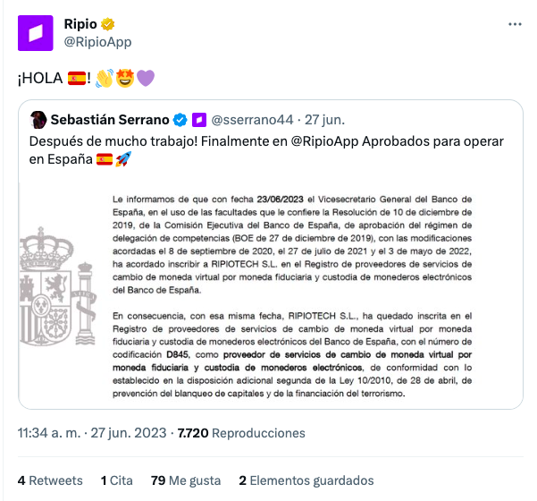 Ripio anunció a través de Twitter que podrá operar en España.