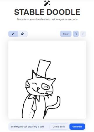 Ejemplo de uso de AI Stable Doodle que muestra el panel principal y un boceto de un gato con sombrero de copa y traje