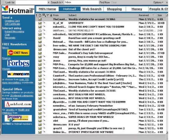 Vista de la bandeja de entrada de Hotmail integrada en MSN año 2001