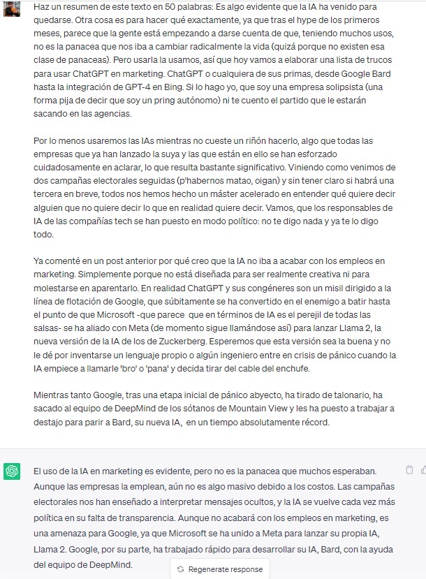 Ejemplo resumen de texto usando ChatGPT en marketing