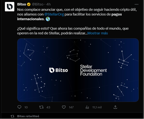 anuncio en twitter de la unión de Bitso y Stellar para el lanzamiento de la red internacional de pagos para Latinoamérica