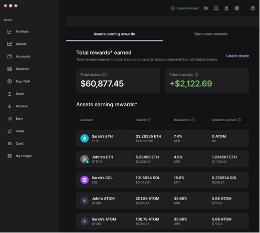 Vistazo del panel de ganancias pasivas de Ledger Live.