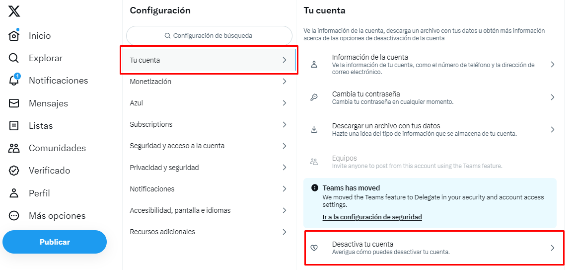 Menú para configurar cuenta de Twitter