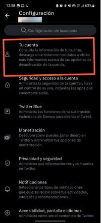 Opciones de cuenta de Twitter
