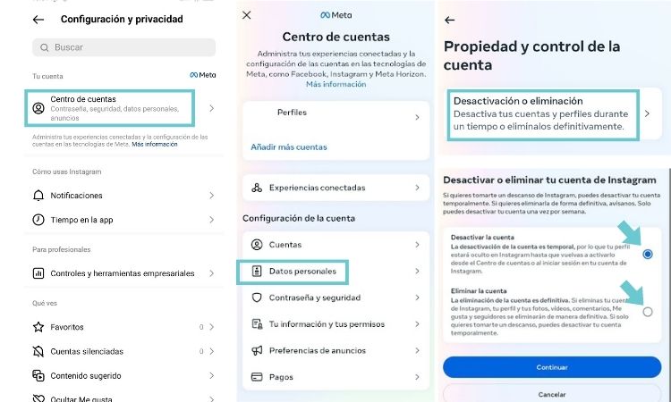 Capturas de pantalla móviles sobre cómo eliminar Instagram