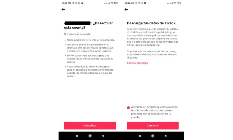 Imagen que muestra paso a paso cómo desactivar o eliminar cuenta de TikTok
