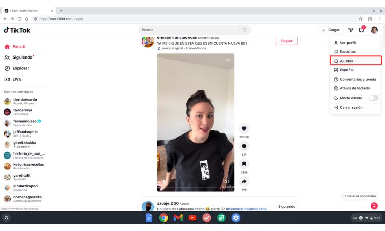 Imagen que muestra el menú de configuración de TikTok