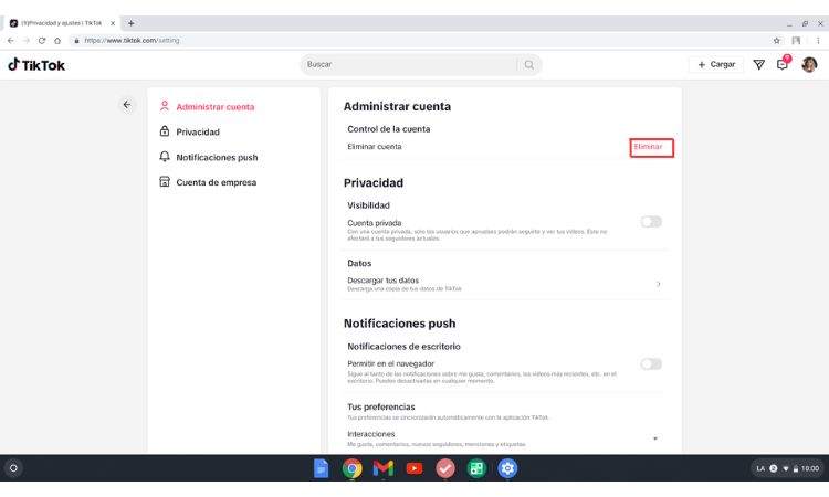 Imagen que muestra el centro de configuración de TikTok