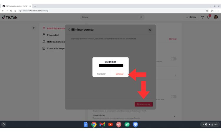 Imagen que muestra las confirmaciones de TikTok para eliminar la cuenta