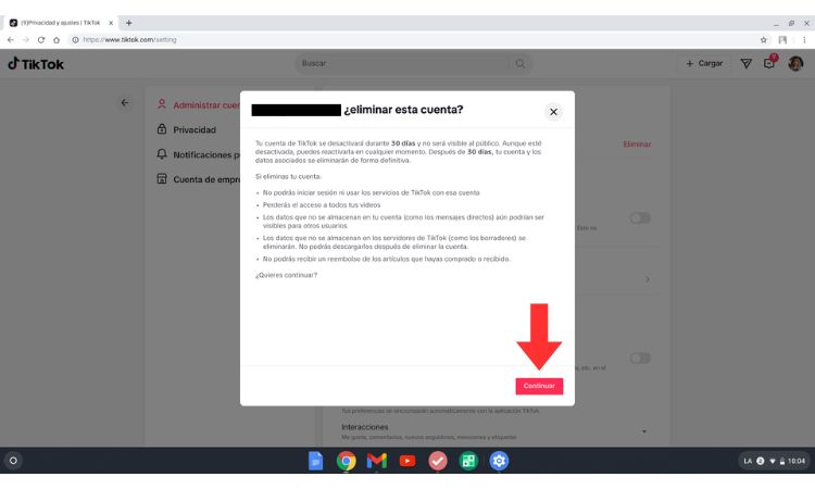 Imagen que muestra el cuadro de diálogo para eliminar la cuenta de TikTok