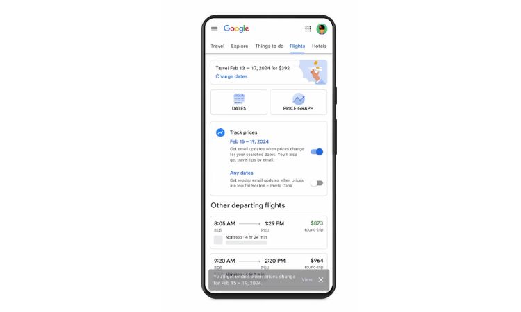 Imagen que muestra cómo la herramienta Google Vuelos monitorea los precios de los vuelos