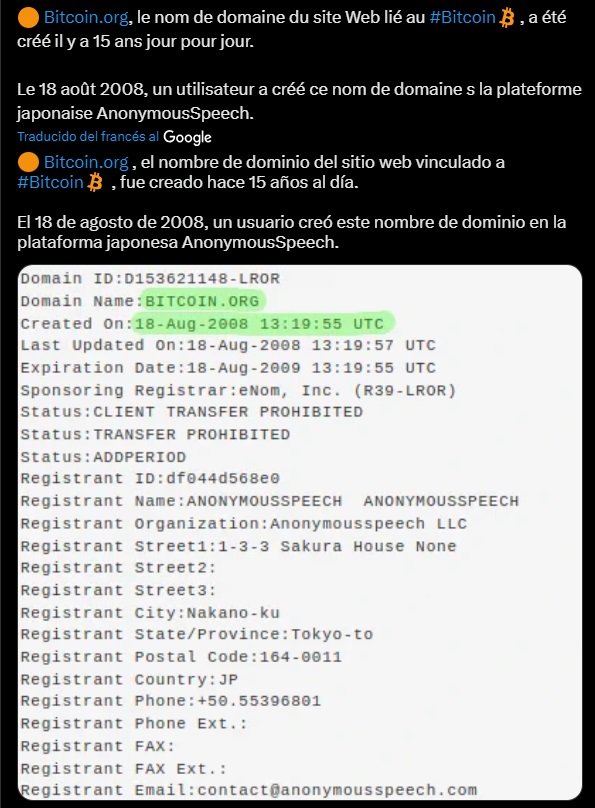Tuit de la comunidad Bitcoin celebrando el aniversario de la creación del dominio Bitcoin.org