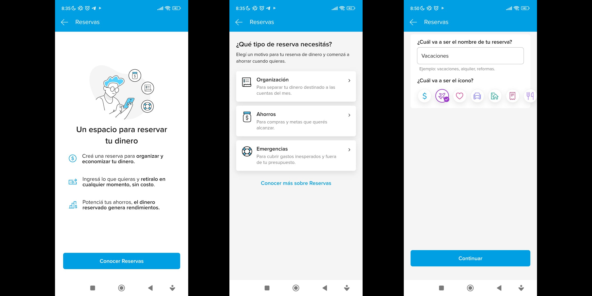 La pantalla principal de Reservas donde el usuario empieza a planificar su próximo plan de ahorro