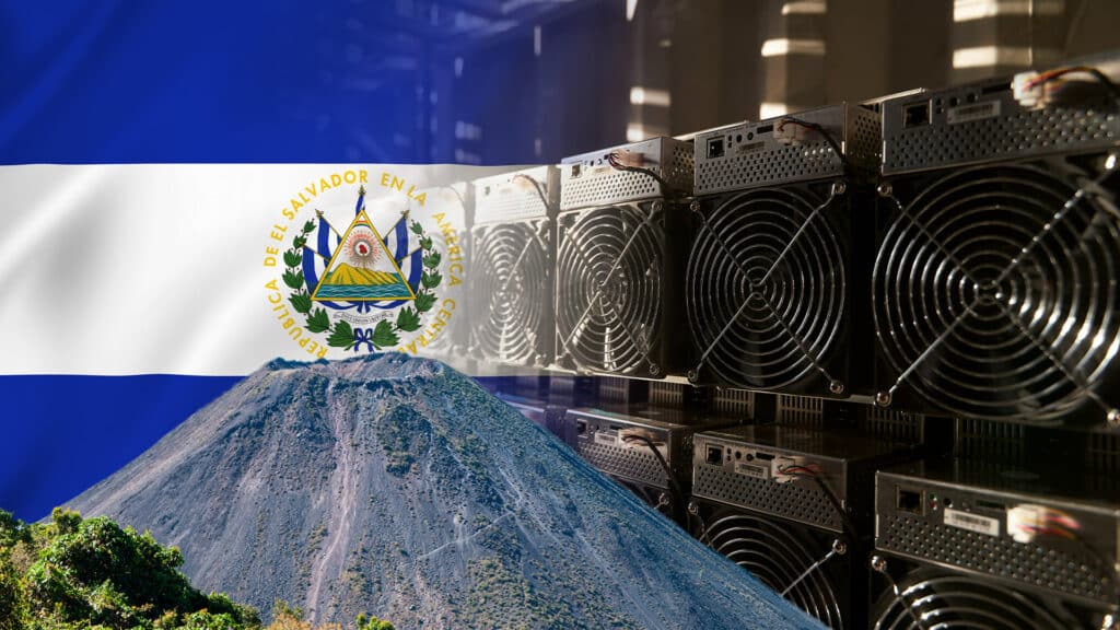 Bandera de El Salvador y piscina minera de volcán y bitcoin.