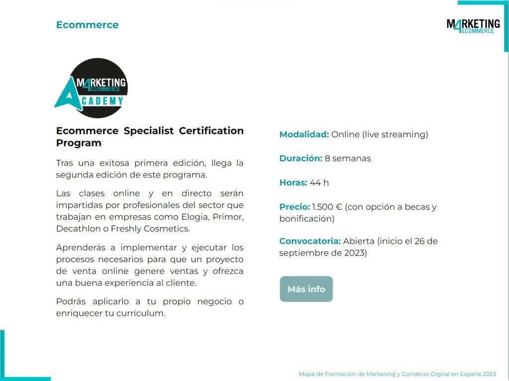 Ficha descriptiva del curso de especialista en ecommerce de la academia marketing4ecommerce.