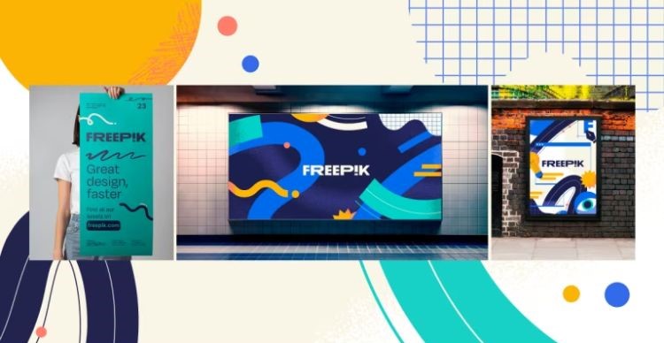 Imagen que muestra ejemplos de aplicación del nuevo ICG, paleta de colores y estilo de Freepik.  En vallas publicitarias, muppies, etc.