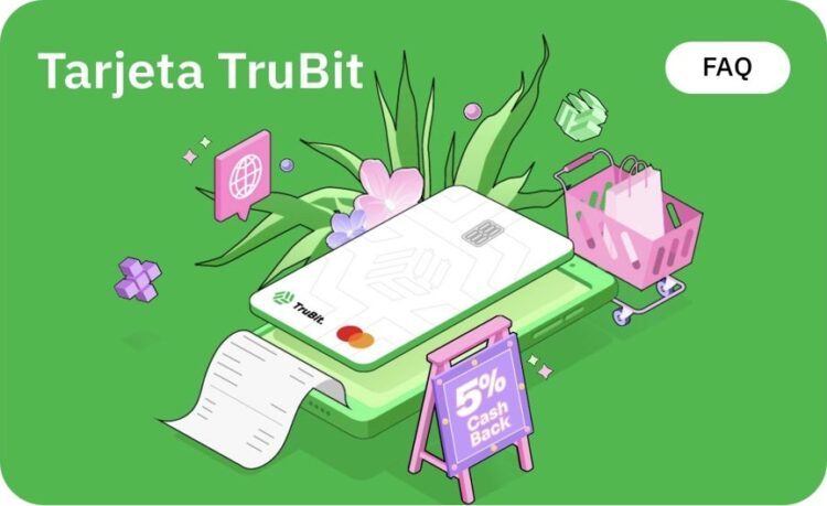 Imagen de una tarjeta de crédito TruBit verde con un diseño floral en el centro.