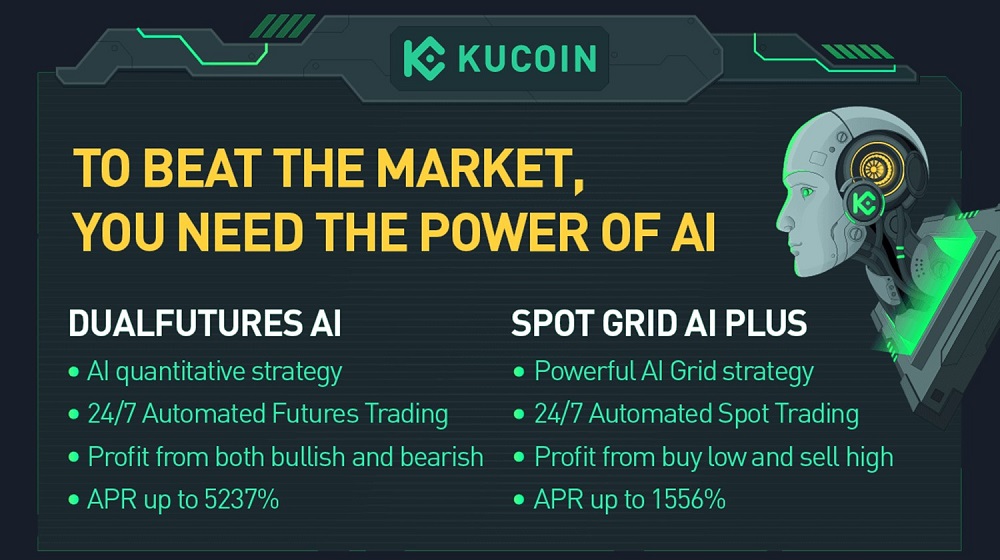 Banner promocional para los productos DualFutures IA y Spot Grid IA Plus de KuCoin.