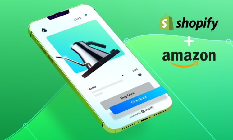 Sobre un fondo verde se muestra una ilustración de un móvil cuya pantalla muestra la compra de una tetera en el sitio web de un comerciante que usa Shopify, entre las opciones de compra se encuentra "Compra con Prime" gracias al nuevo acuerdo con Amazon