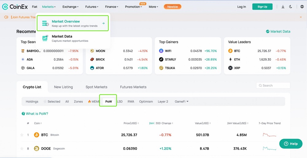 Pantalla de datos de mercado con el precio de las monedas PoW de la plataforma de operaciones CoinEx.