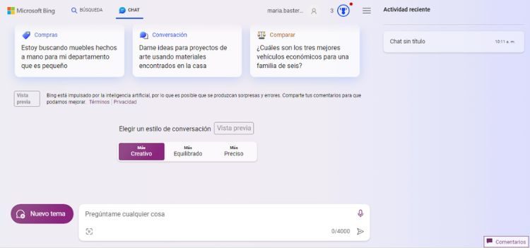 Captura de pantalla de Bing Chat