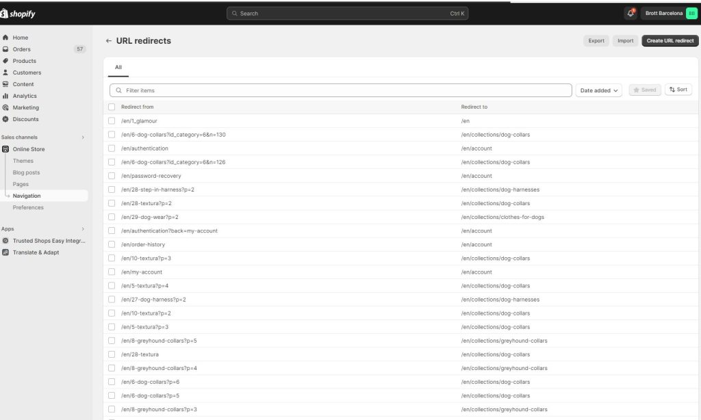 redirecciones en Shopify