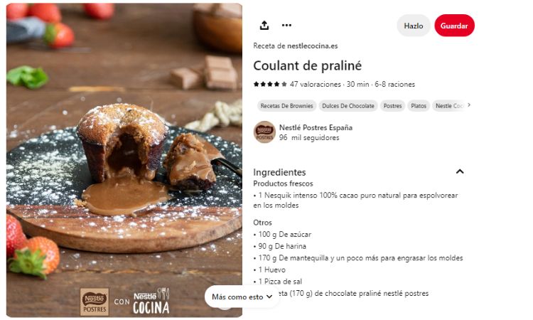 Pin de Nestlé Postres España con el título "coulant de praliné"breve y explicativo