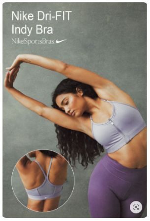 Pin de la marca Nike que incluye un pequeño texto en su imagen para indicar el nombre del modelo de sujetador deportivo que lleva la modelo.