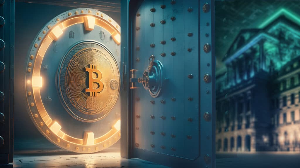 Bóveda de bitcoin detrás de una puerta abierta junto a la fachada del banco