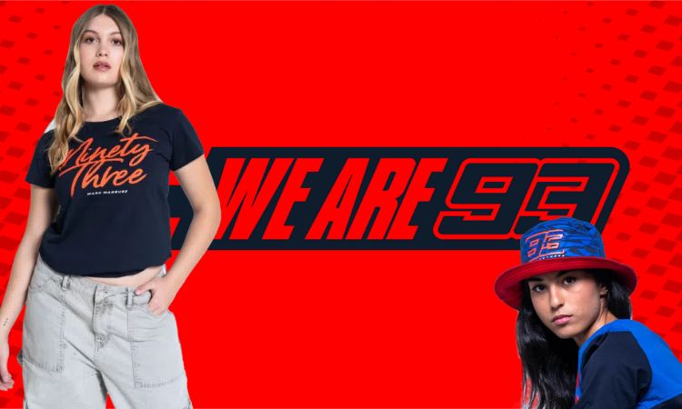 Imagen de dos modelos vistiendo prendas de la marca deportiva Marc Márquez, sobre un fondo con la marca We Are 93