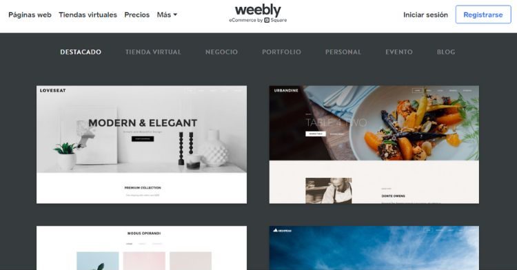 panel de plantillas para crear sitios web Weebly