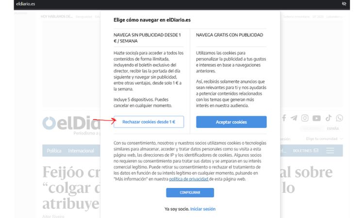 Imagen que muestra el banner de El Diario donde debes pagar o aceptar cookies