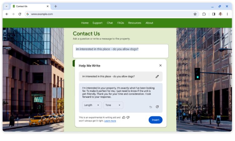 Captura de pantalla que muestra cómo funciona la nueva herramienta asistente de escritura de Chrome
