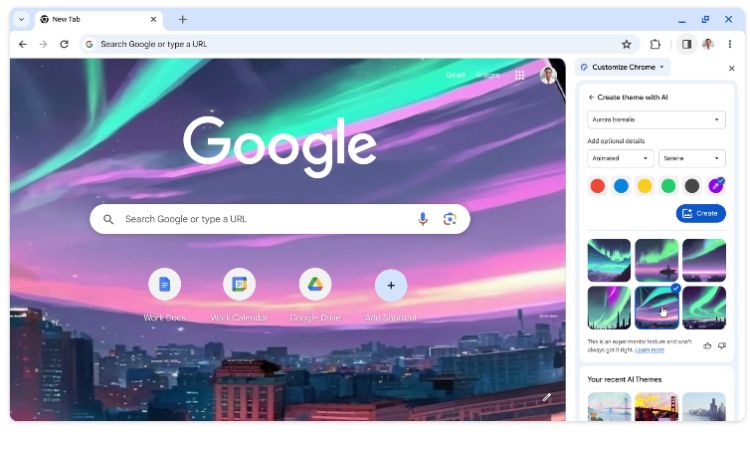 Captura de pantalla que muestra cómo funciona la nueva herramienta de creación de temas personalizados de Chrome