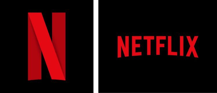 A la izquierda: imagen del símbolo N de Netflix en rojo sobre fondo negro.  A la derecha: imagen del ICG completo de la marca