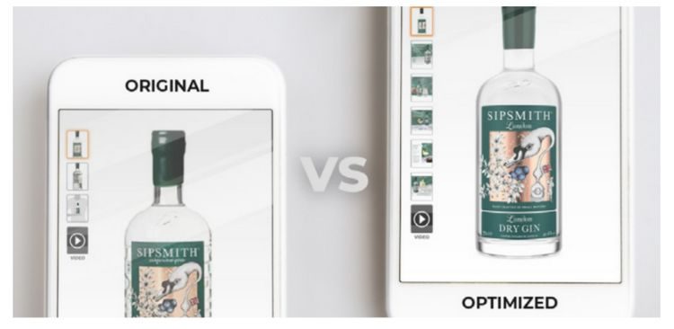 A la izquierda: un teléfono móvil que muestra la vista de una botella de ginebra y las diferentes fotografías del producto que se muestran en su página de mercado, estas no están optimizadas para una vista online.  A la derecha: el mismo producto, pero mostrando más fotos del mismo que se centran en los detalles y la información que ofrece el packaging, está optimizado