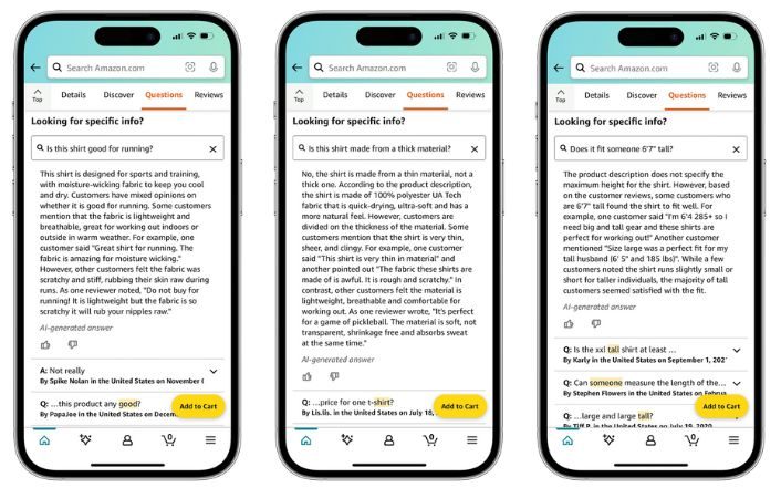 En la imagen se pueden ver tres móviles en cuya pantalla se muestran ejemplos de uso del asistente IA de Amazon respondiendo preguntas sobre productos
