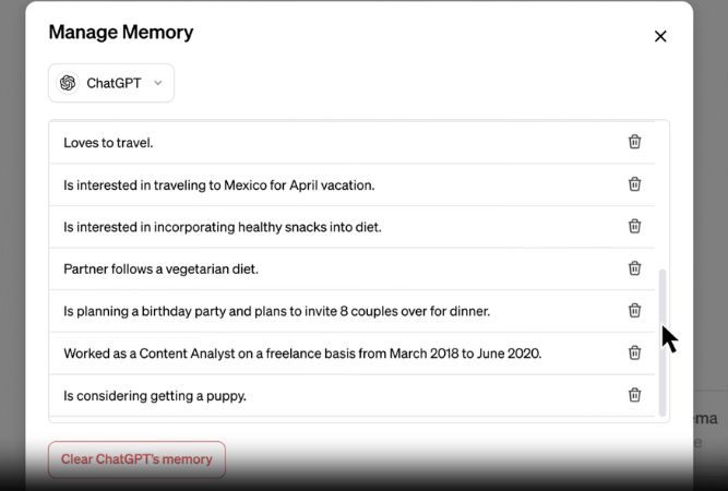 Captura de pantalla que muestra cómo borrar la memoria de ChatGPT