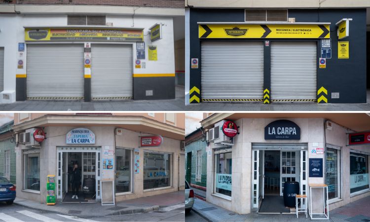 Arriba a la izquierda: la tienda Integraauto antes del cambio de marca.  Arriba a la derecha: el negocio de Integraauto después del cambio de marca.  Abajo a la izquierda: el restaurante de mariscos La Carpa antes del cambio de marca.  Abajo a la derecha: La Carpa después del cambio de marca 