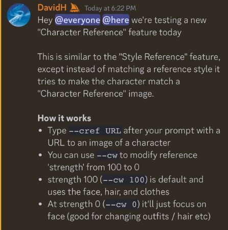 Imagen de una publicación de David Holz en Midjourney que explica cómo utilizar la nueva función de referencia de personaje.