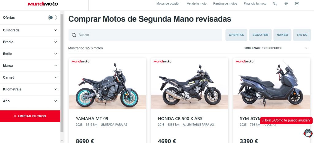Captura de pantalla de la web de Mundimoto