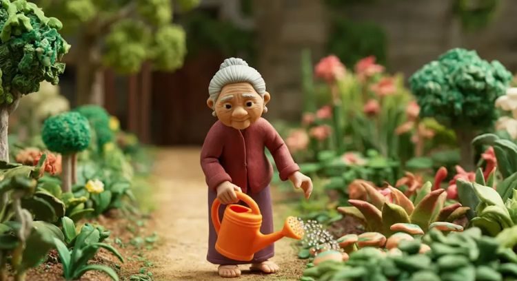 Imagen creada con Image3 AI de Google bajo el mensaje "Escena de plastilina.  Un plano medio amplio de una mujer mayor.  Lleva ropa fluida.  Ella está parada en un exuberante jardín regando las plantas con una regadera naranja".