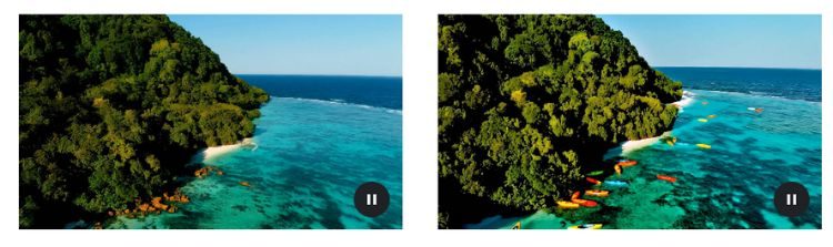 A la izquierda vemos una captura de pantalla de un vídeo creado con Veo bajo el mensaje "Disparo de drones a lo largo de la costa selvática de Hawaii, día soleado".  Y a la derecha, la captura del resultado de editar ese vídeo con el mensaje "Drones disparados a lo largo de la costa selvática de Hawaii, día soleado.  Kayaks en el agua".